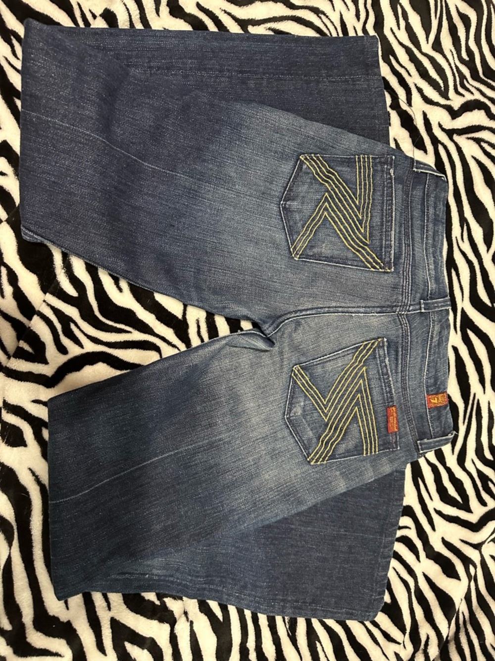 7 For All Mankind Women's Boot Cut Jeans in Medium Blue with Yellow Stitching